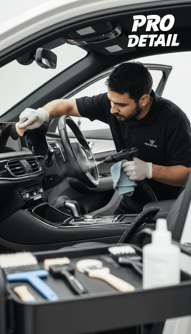 Interior car detailing work on dashboard