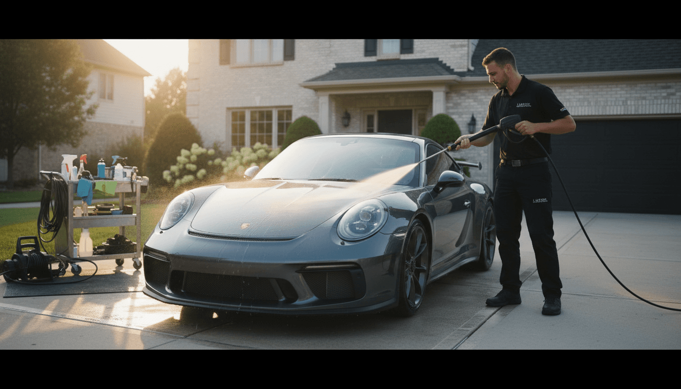 Professional car detailing in progress at customer's home